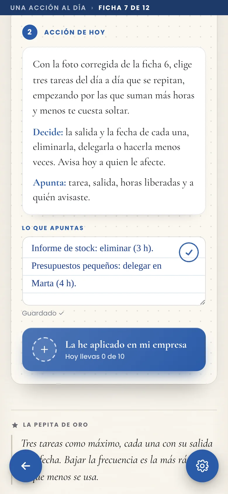 Ficha del día en la app: pregunta sobre tu empresa, respuesta en el cuaderno y decisión tomada