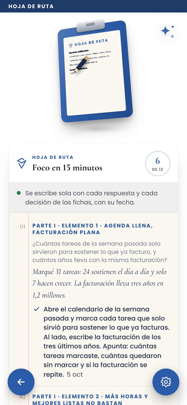Hoja de ruta del libro en la app: respuestas y decisiones anotadas con su fecha