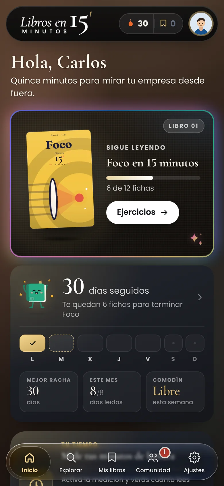 Pantalla de inicio de la app Libros en 15 minutos: la tarea de hoy, el libro en curso y la racha