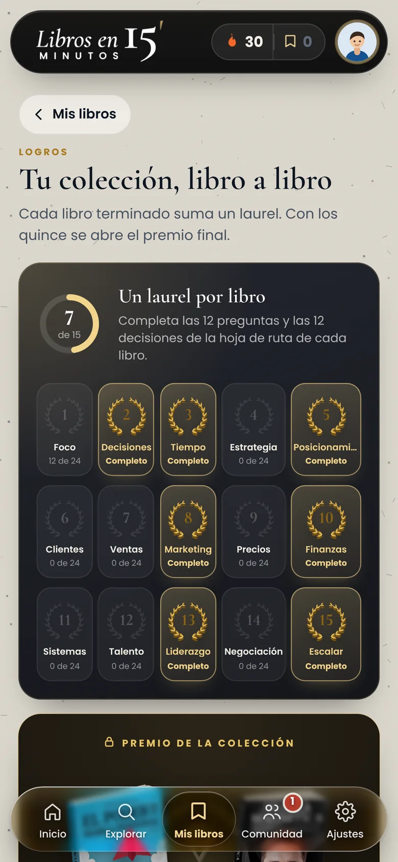 Logros de la app Libros en 15 minutos: un laurel por cada libro terminado