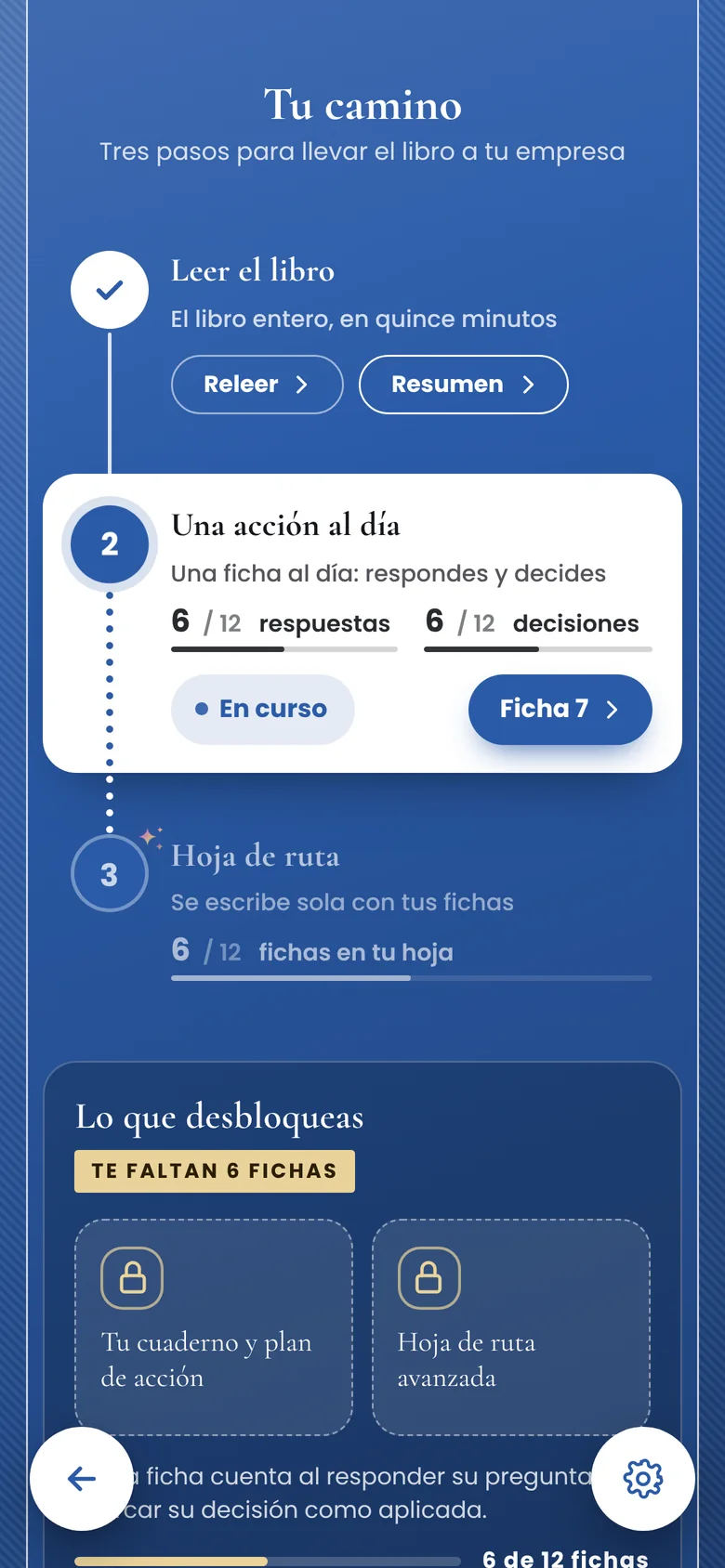 Cada libro en la app: leer el libro, una acción al día y hoja de ruta