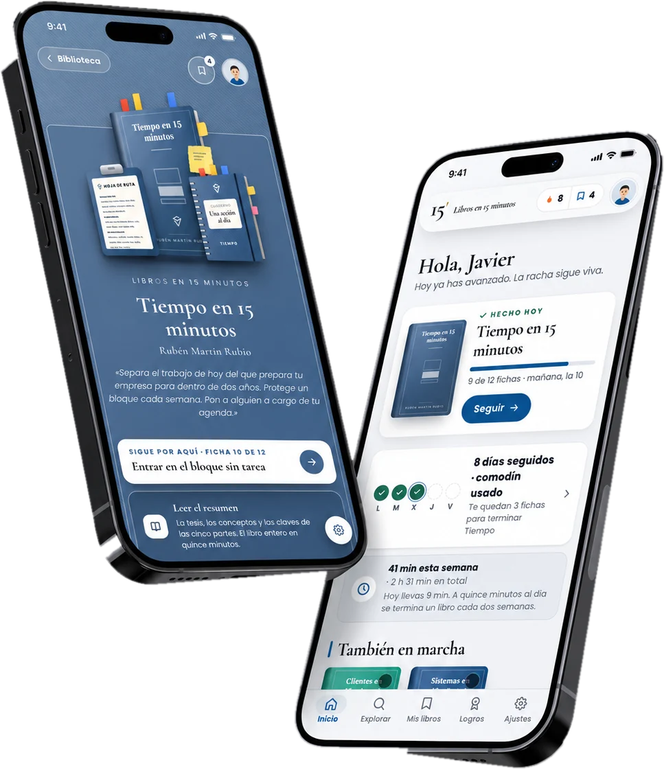 La app Libros en 15 minutos en dos móviles: la portada de un libro y la pantalla de inicio